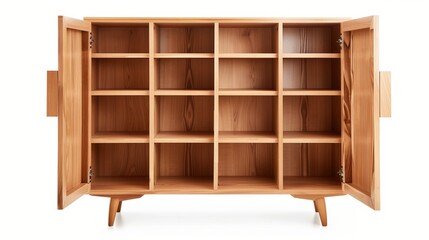 Wooden cabinet isolated on white background. Empty closet. Wardrobe. Frame wooden furniture.