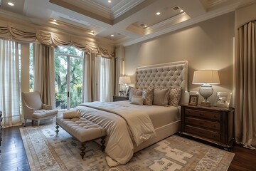 Fototapeta premium Elegant master bedroom with a large bed, sitting area, and balcony