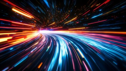 Abstract light speed background with colorful lines and rays of sunlight on a black background