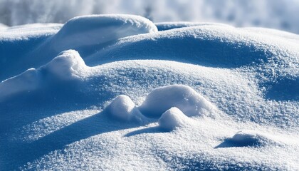 Close-Up of Sparkling Sunlit Snow Dunes in Winter, Highlighting Crisp Frosty Textures and Soft Blue Shadows on a Cold, Clear Morning