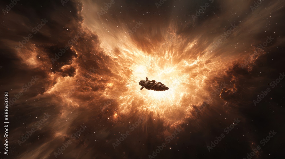Poster journey through the interstellar storm - high resolution 32k image of spacecraft exploring unknown g