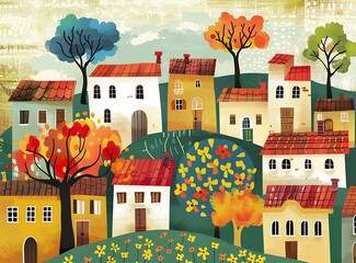 Colorful Autumn Village Houses Illustration