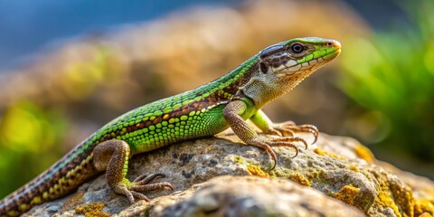 Fototapeta premium In its native habitat, a small, colorful lizard perches on a rock, its vibrant hues seeming to glow
