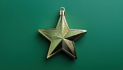 Vibrant Green Christmas Star Ornament with Gold Detailing on Minimalist Green Background. Festive Holiday Decoration Hanging Adorned with Glitter and Sharp Geometric Lines, Close-up