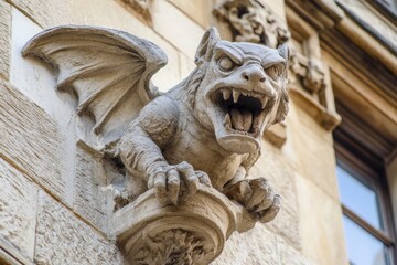 An ornate gothic gargoyle with winged details on the facade of a stunning ancient architecture