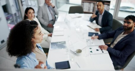 Presentation, boardroom and woman with group, pointing and ai to analyze, financial risk and data scientist. Speaker, pitching and ideas of automatic tasks, improvement and process of fraud detection - Powered by Adobe