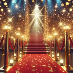 Glittering red carpet illuminated by spotlights, a dazzling stage for staircase brightest stars