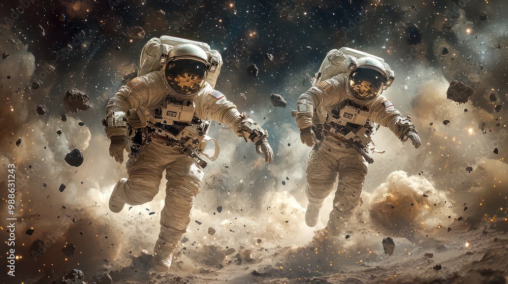 Poster astronauts suspended in space near rogue planet gravity anomaly, 32k resolution exploration scene, g