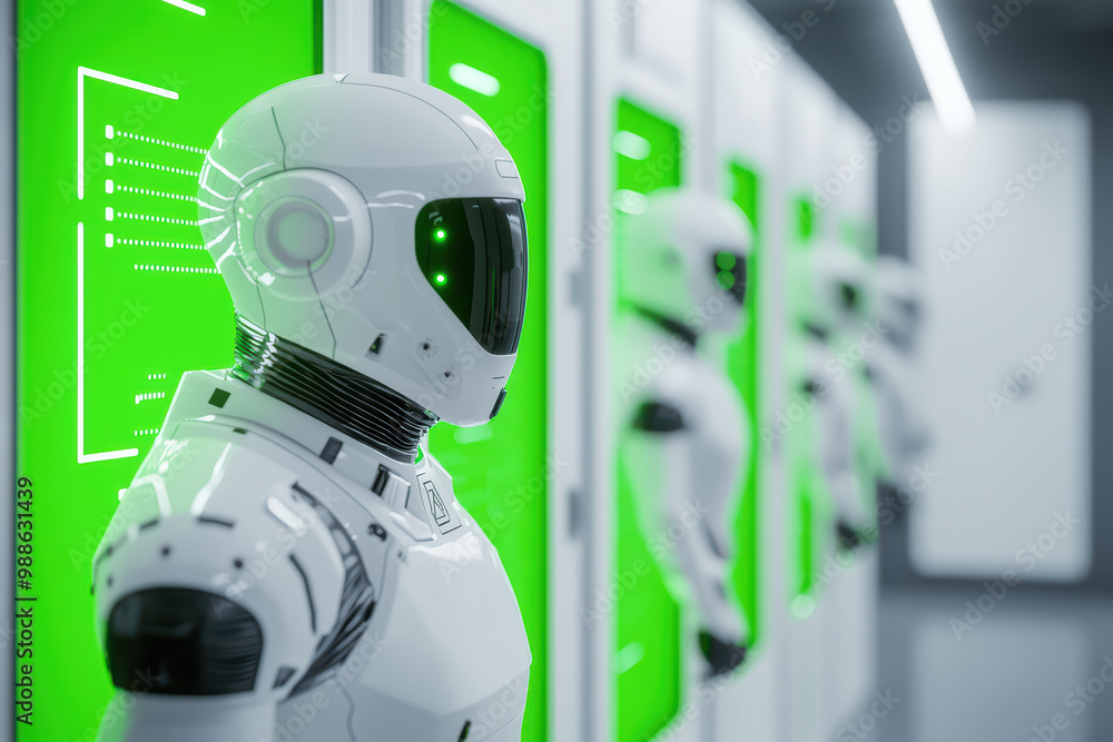 Poster futuristic robot with glowing eyes in a high-tech environment.