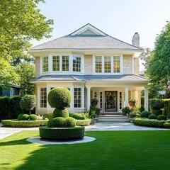 Suburban house with classic bay windows, a slate roof, and manicured topiary plants