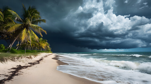 A tropical storm rolling in over a palm-fringed beach with dramatic clouds and churning waves.