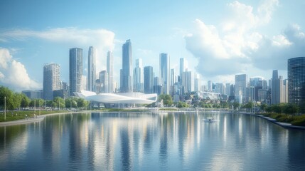 Fototapeta premium Majestic Cityscape with Reflections on a Tranquil Waterway