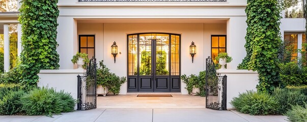 Suburban house with elegant French doors, lush ivy, and a wrought iron gate