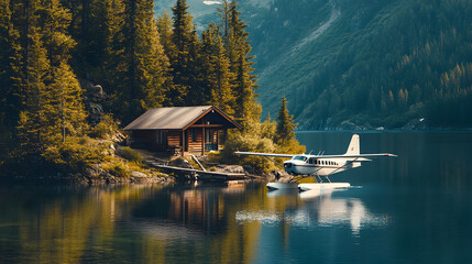 A twin-engine water plane landing on a clear mountain lake next to a small island with a wooden cabin.