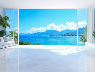 Modern, luxury home showcase interior living room with ocean view