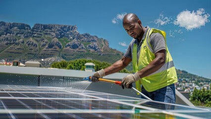 Worker Cleaning Solar Panels. A man in a safety vest cleans solar panels with a hose against a mountain backdrop under a clear sky.