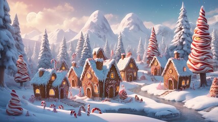 Gingerbread village glittering under moonlight in a whimsical winter wonderland