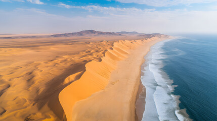 A vast sandy desert merging with a coastal beach where dunes meet the ocean.