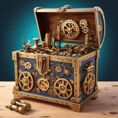 A treasure chest full of complex gears and clockwork machinery sits in a steampunk workshop, brimming with mechanical secrets and innovative design