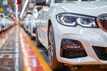 Fototapeta premium New white car moving on production line in plant