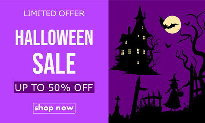 halloween sale, template discount banner design with silhouettes of creepy house, graves, bats and witch to promote purchases in the autumn season. modern bright vector illustration en purple tones