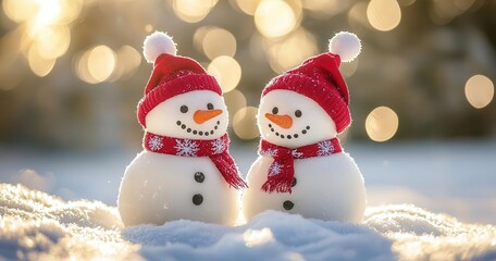 Cheerful Snowmen in Red Hats and Scarves with Snowy Backdrop