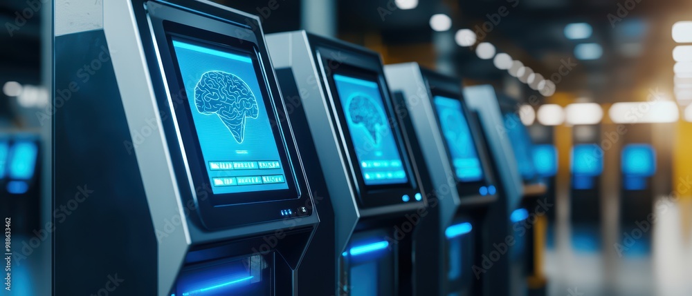 Poster interface of digital kiosks showcasing ai brain graphics in a modern environment.