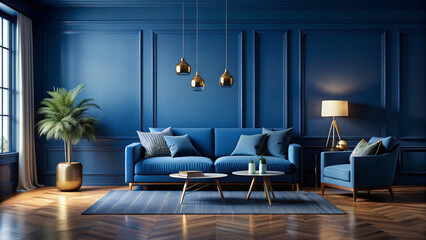 The living area showcases a stunning blue color palette with stylish furniture, including a sleek sofa, armchair, and chic coffee table, enhanced by warm lighting and greenery