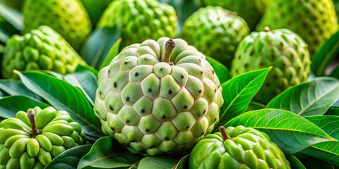 Fototapeta premium Just harvested, the sweet sop boasts vibrant green skin and a smooth, creamy white interior, inviting you to