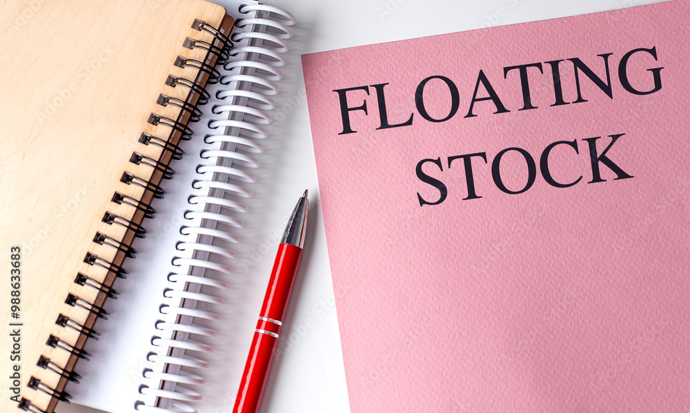Poster notebook with the text floating stock on a pink cover, placed next to spiral notebooks and a red pen