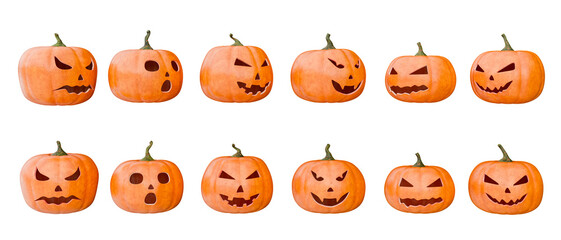 Halloween pumpkin set with various carved faces and viewing angles