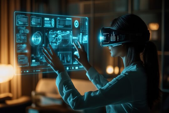 Woman using VR headset with futuristic holograms