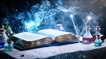 an ancient, enchanted book lying open on a stone altar, with magical energy swirling above its pages
