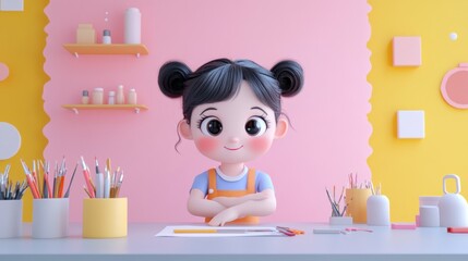 A cheerful cartoon girl sitting at a desk surrounded by art supplies, ready to create.