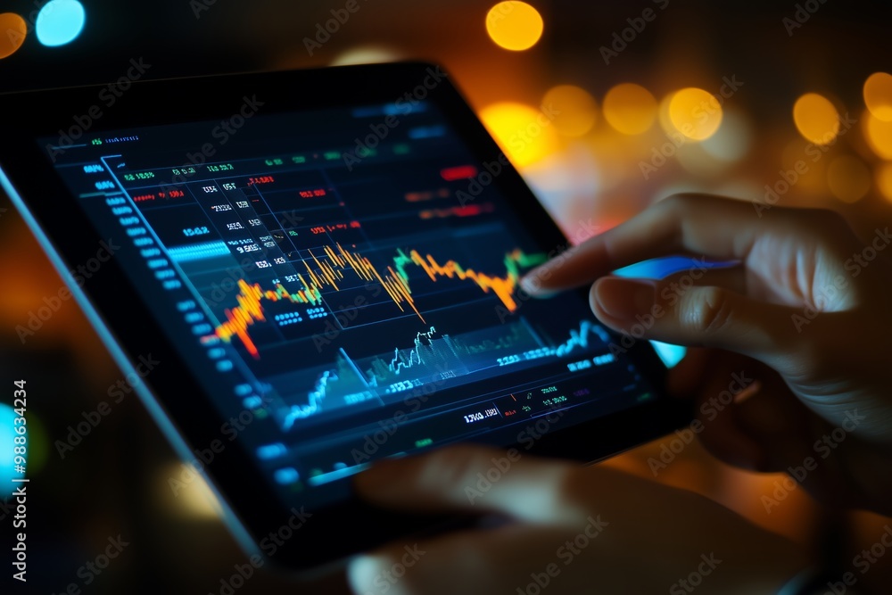 Poster a person analyzes stock market trends on a tablet with colorful graphs and data in a dimly lit envir