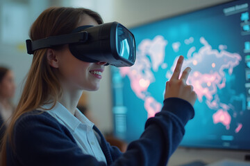 School student with VR headset using AI artificial intelligence technology & machine learning.Interactive technology in classroom. Innovation & smart tech