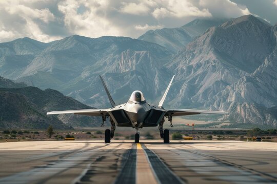 Modern single seat, twin engine stealth fighter aircraft taxiing on an airfield