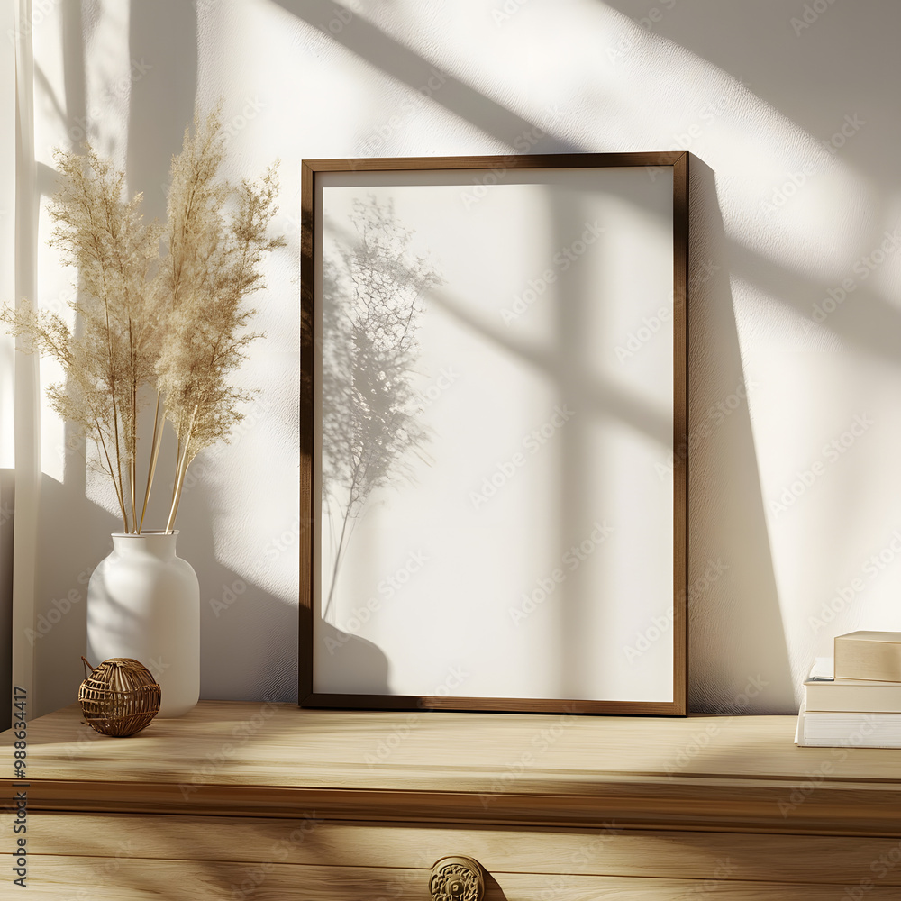 Aufkleber a thin a4 frame mockup rests on a drawer against a bedroom wall, illuminated by natural light stream