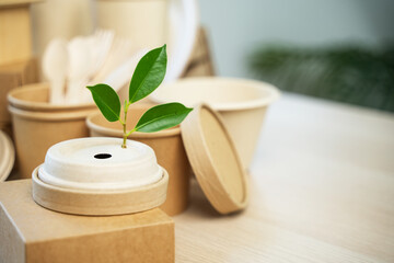 Environmentally friendly paper containers and packaging made from biodegradable materials, no waste and recycling concept. Green or disposable packaging.