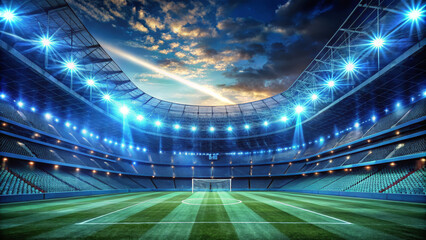 The vibrant lights of a soccer stadium illuminate the pristine green field as twilight descends, preparing for an exciting match filled with energy and anticipation
