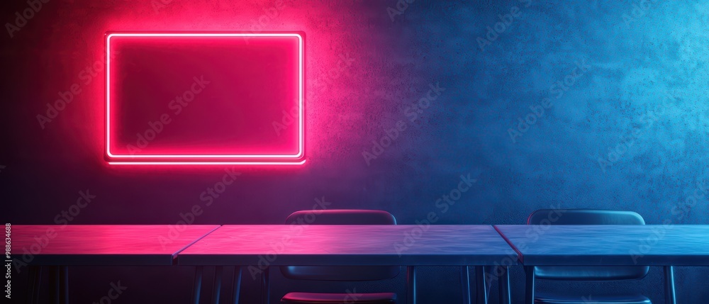 Poster modern workspace with neon lighting and empty space for text.