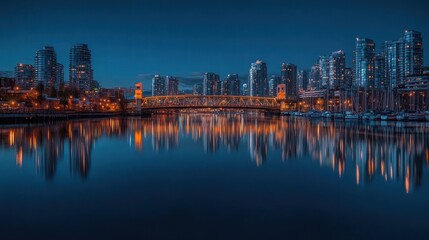 Fototapeta premium Dazzling City Skyline Reflected in Serene Lake at Night