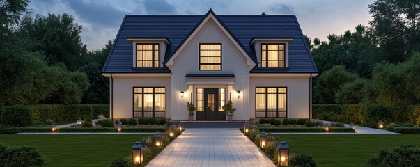 Two-story suburban house with gabled roofing, classic trim, and lantern-lit paths