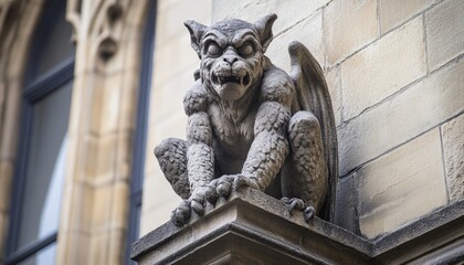 An ornate gothic gargoyle with winged details on the facade of a stunning ancient architecture