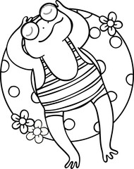 Retro Frog Summer Beach Vibe Clipart Set Groovy Doodle Coloring Page with Bold Line