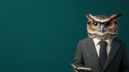 Owl in suit holding a book, green background.