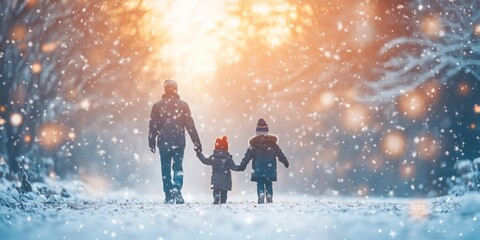 Joyful family frolicking in a snowy landscape, surrounded by softly blurred trees and a serene winter atmosphere