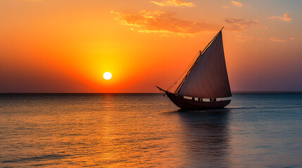 A traditional dhow sailing along a sandy coastline at sunset with its sails catching the golden light.