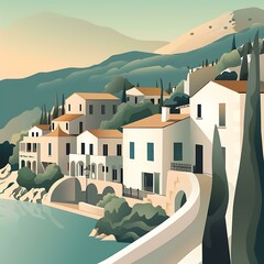 Obraz premium Mediterranean Coastal Village Illustration