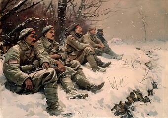 Fototapeta premium Winter landscape with soldiers resting